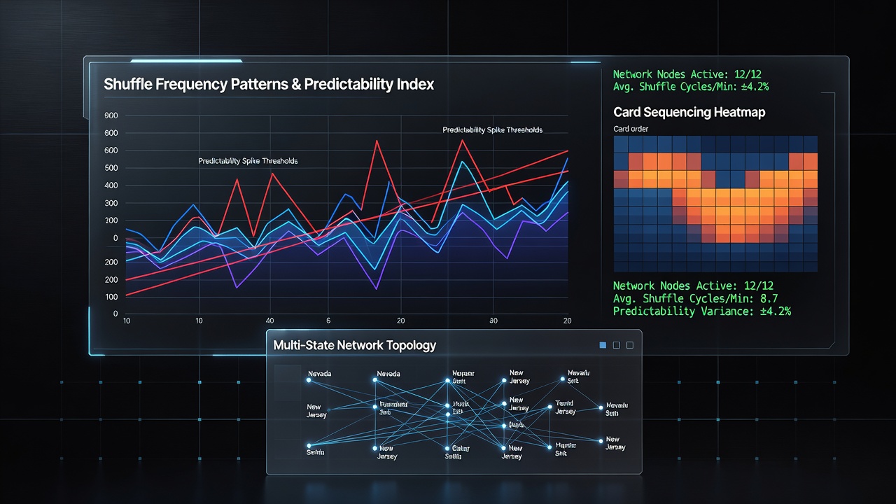 Digital blackjack network interface showing shuffle cycle indicators across multiple state servers
