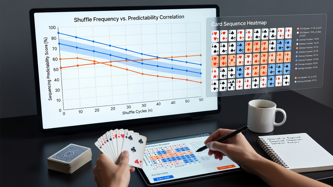 Analytics dashboard displaying shuffle frequency metrics and sequence predictability scores from multi-state blackjack servers