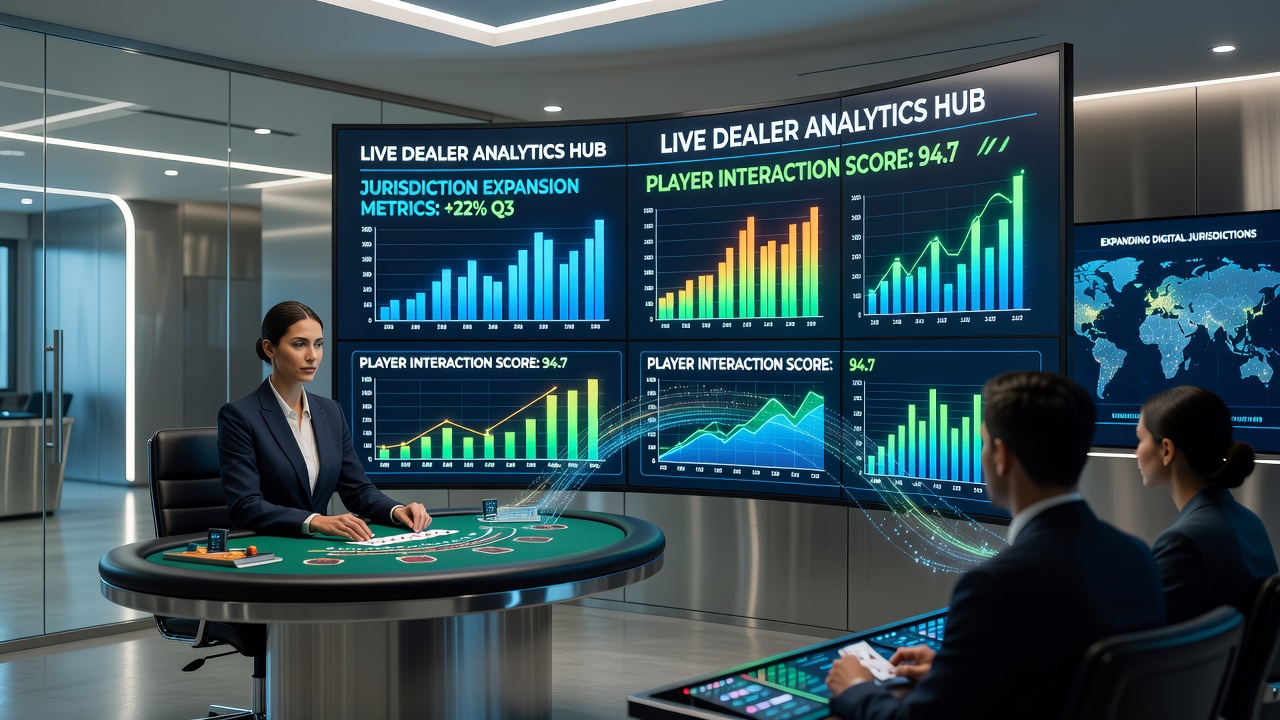 Live dealer table with overlaid real-time analytics dashboard showing player metrics and game flow data