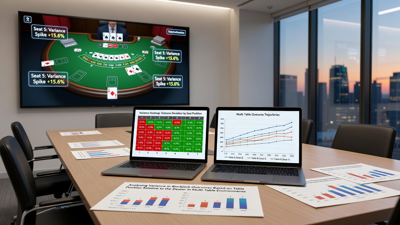Statistical charts displaying variance metrics across blackjack table positions in multi-table pit environments