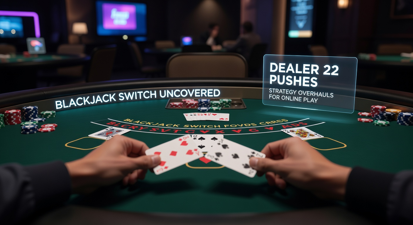 Digital Blackjack Switch table showing two player hands with top cards ready for switching, dealer cards face up in an online casino interface