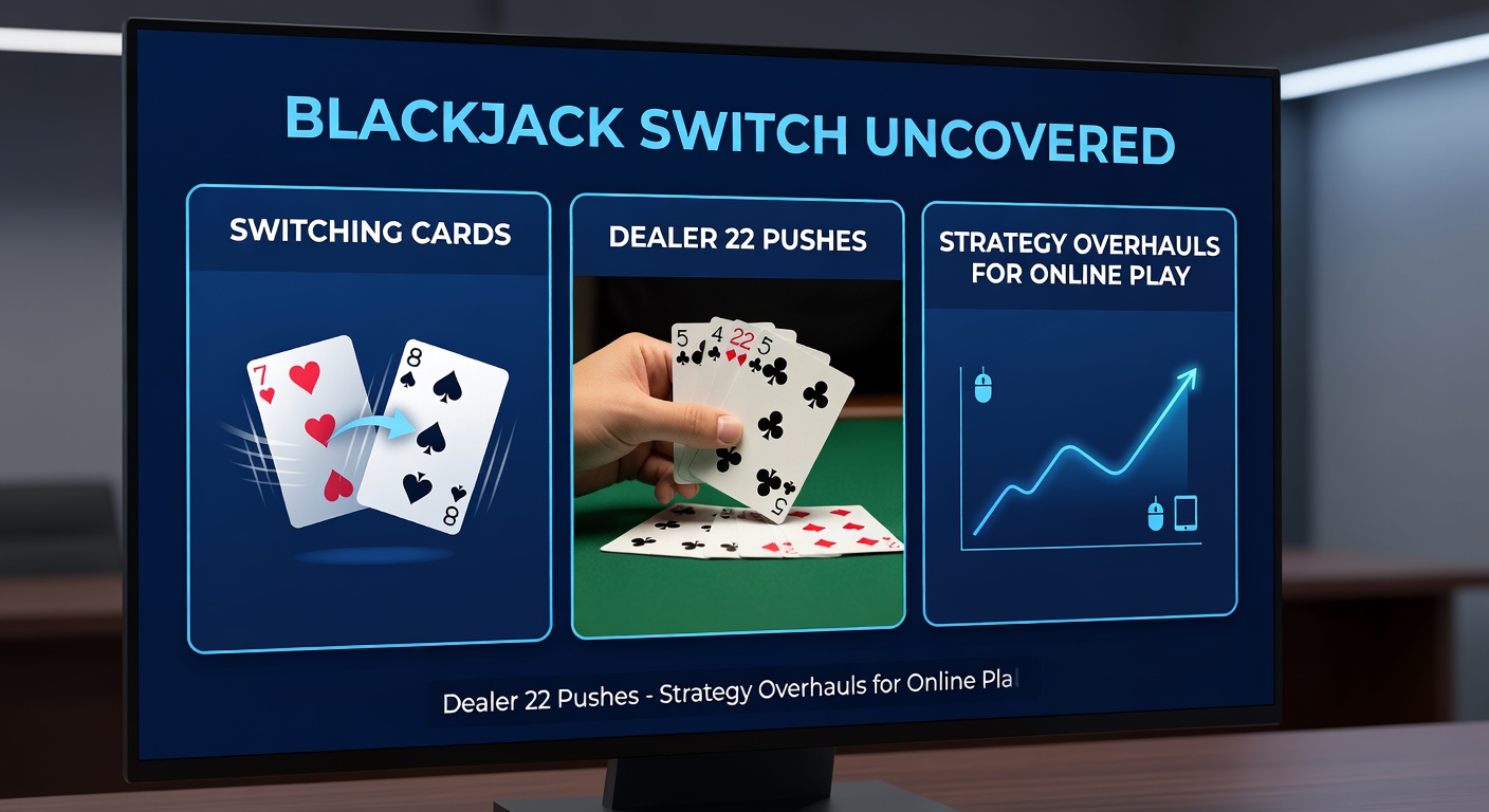 Close-up of strategy chart for Blackjack Switch online, highlighting switch zones in green, dealer 22 push rule illustrated below