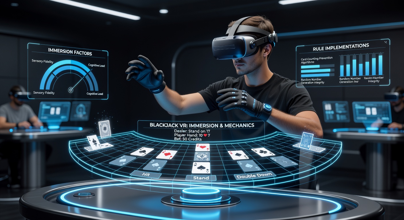Virtual reality headset user engaging with a digital blackjack table in an immersive casino environment