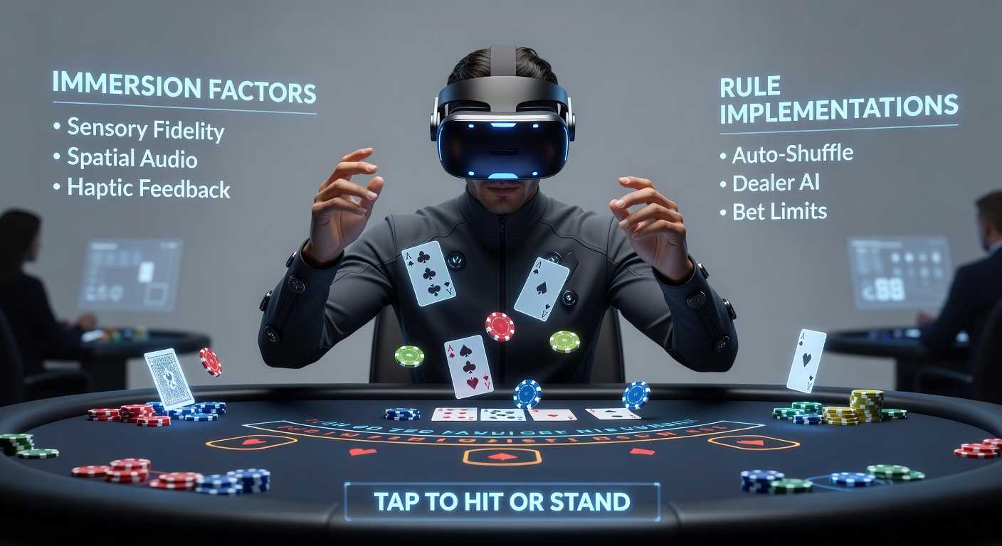 Close up of virtual hands manipulating digital playing cards and betting chips on a VR blackjack table