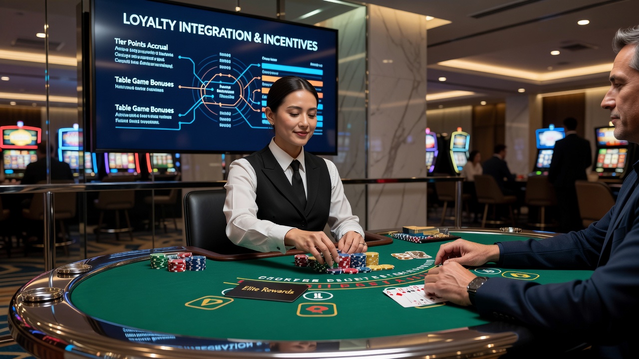 Casino floor showing blackjack tables with loyalty program signage and player tracking systems integrated into gameplay