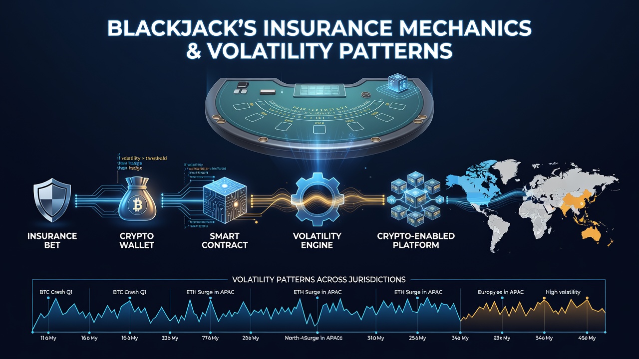 Chart displaying volatility metrics and insurance uptake rates across different crypto blackjack platforms