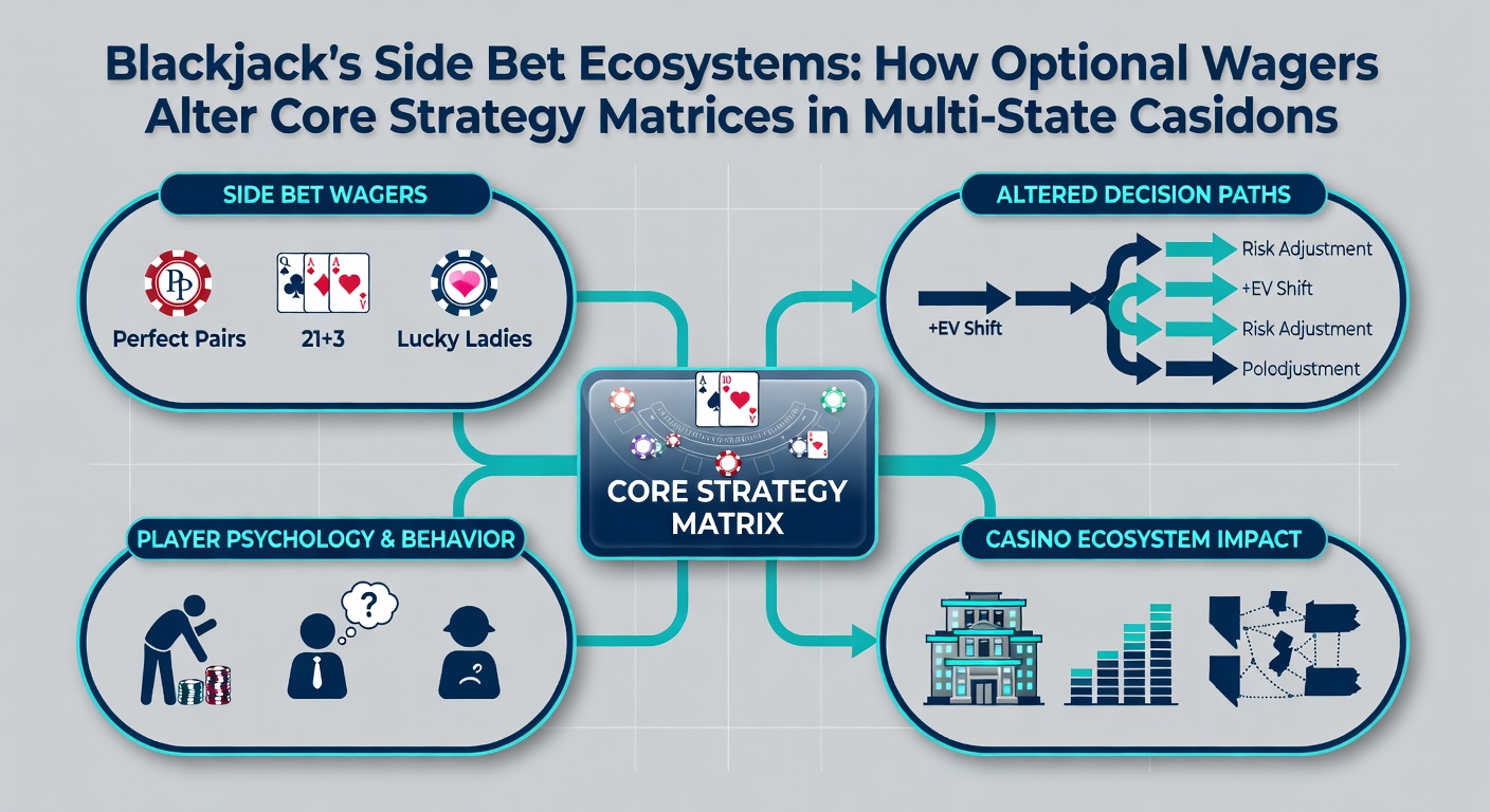 Blackjack table layout showing side bet options and strategy card adjustments in a multi-state casino setting