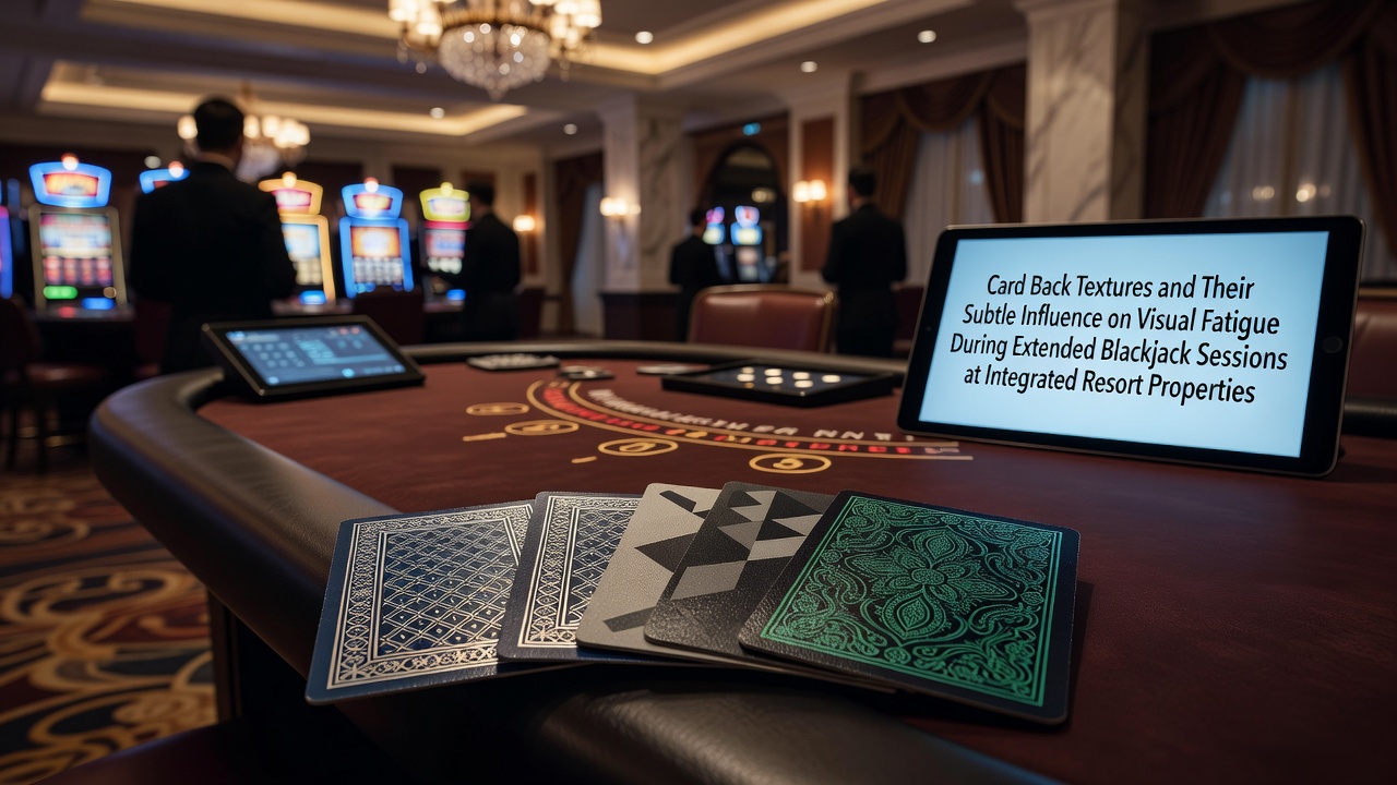 Close-up view of various card back textures used in integrated resort blackjack tables showing patterns and finishes under casino lighting
