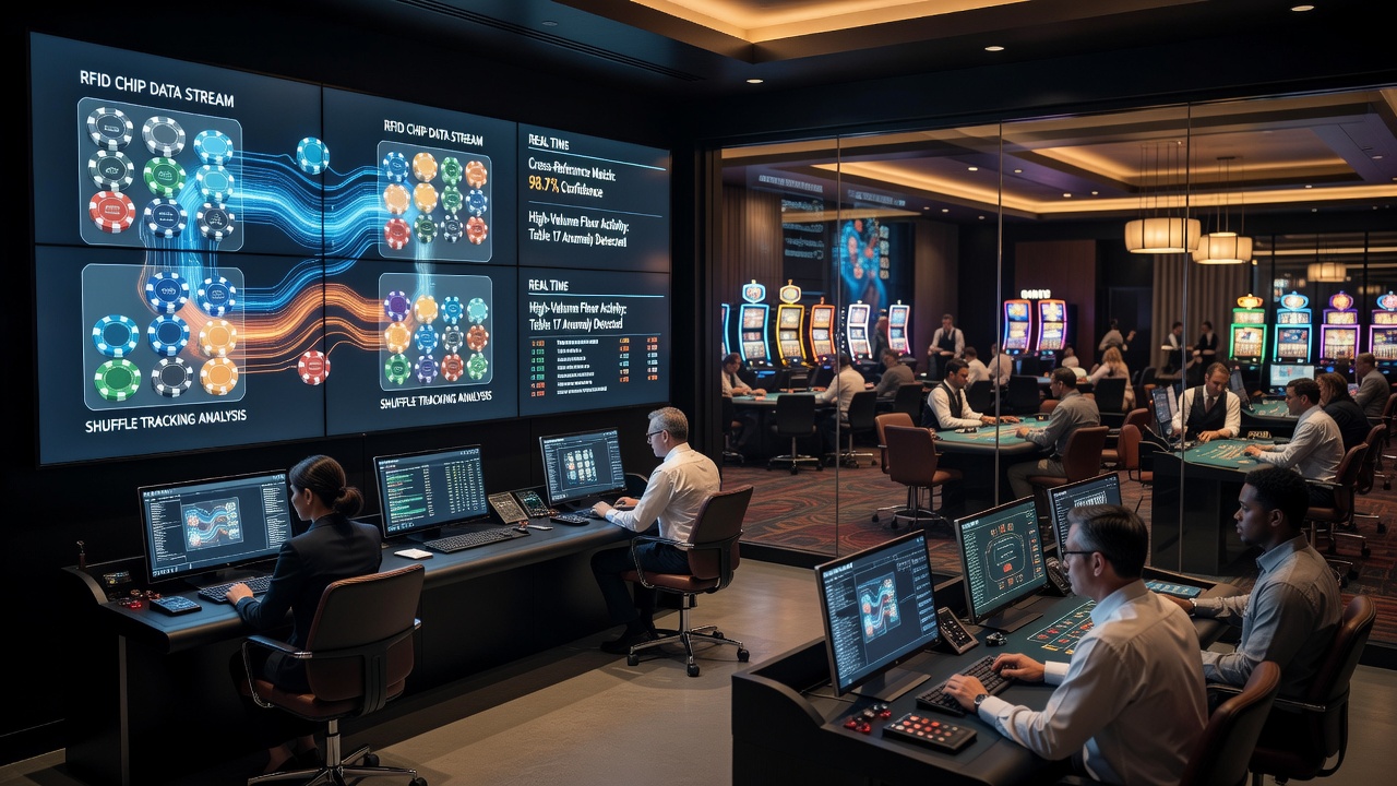 Casino surveillance operators reviewing combined RFID and card tracking data on multiple monitor displays