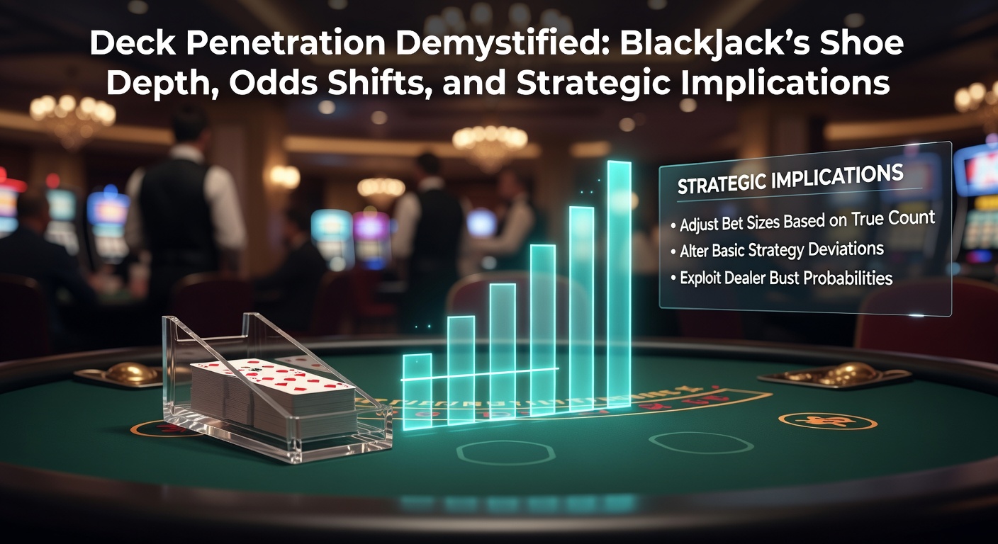 Close-up of a blackjack shoe showing multiple decks stacked and a cut card inserted near the end, illustrating deck penetration depth