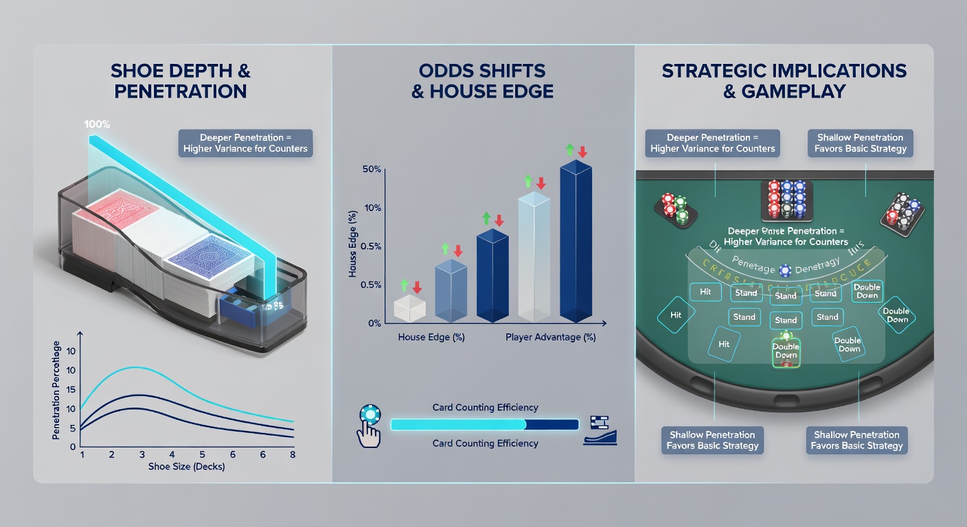 Graph depicting house edge percentage against varying deck penetration levels from 50% to 90%, highlighting shifts for card counters