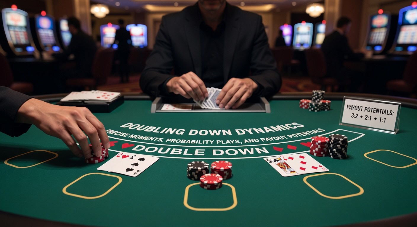Close-up of a blackjack table where a player places an additional bet to double down on a strong hand against the dealer's upcard, chips stacked neatly beside the cards