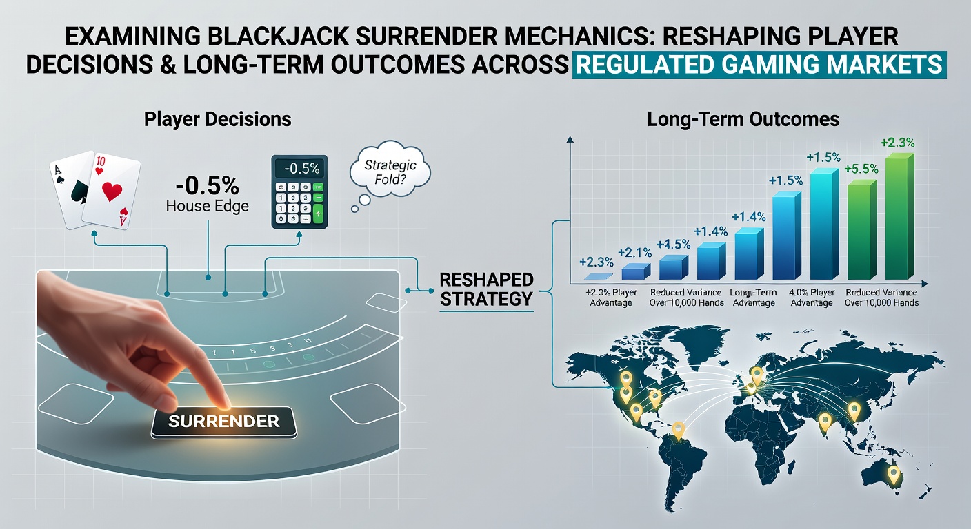 Blackjack table layout showing surrender option highlighted next to player hand and dealer upcard in a regulated casino setting