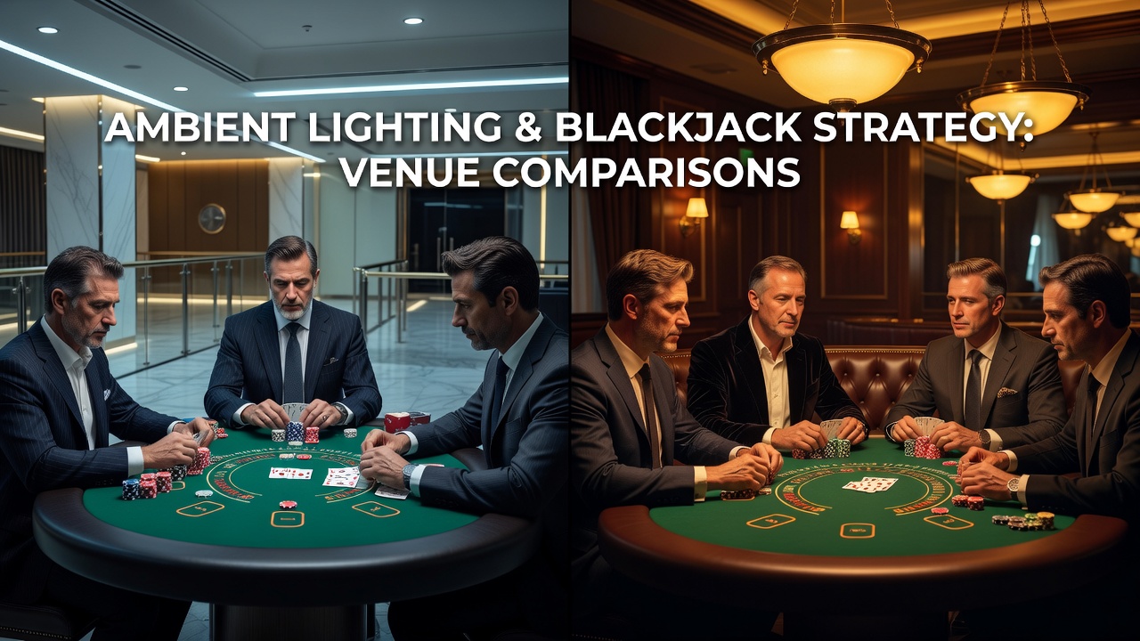 Casino floor with strategic ambient lighting over blackjack tables showing player card visibility and dealer interactions