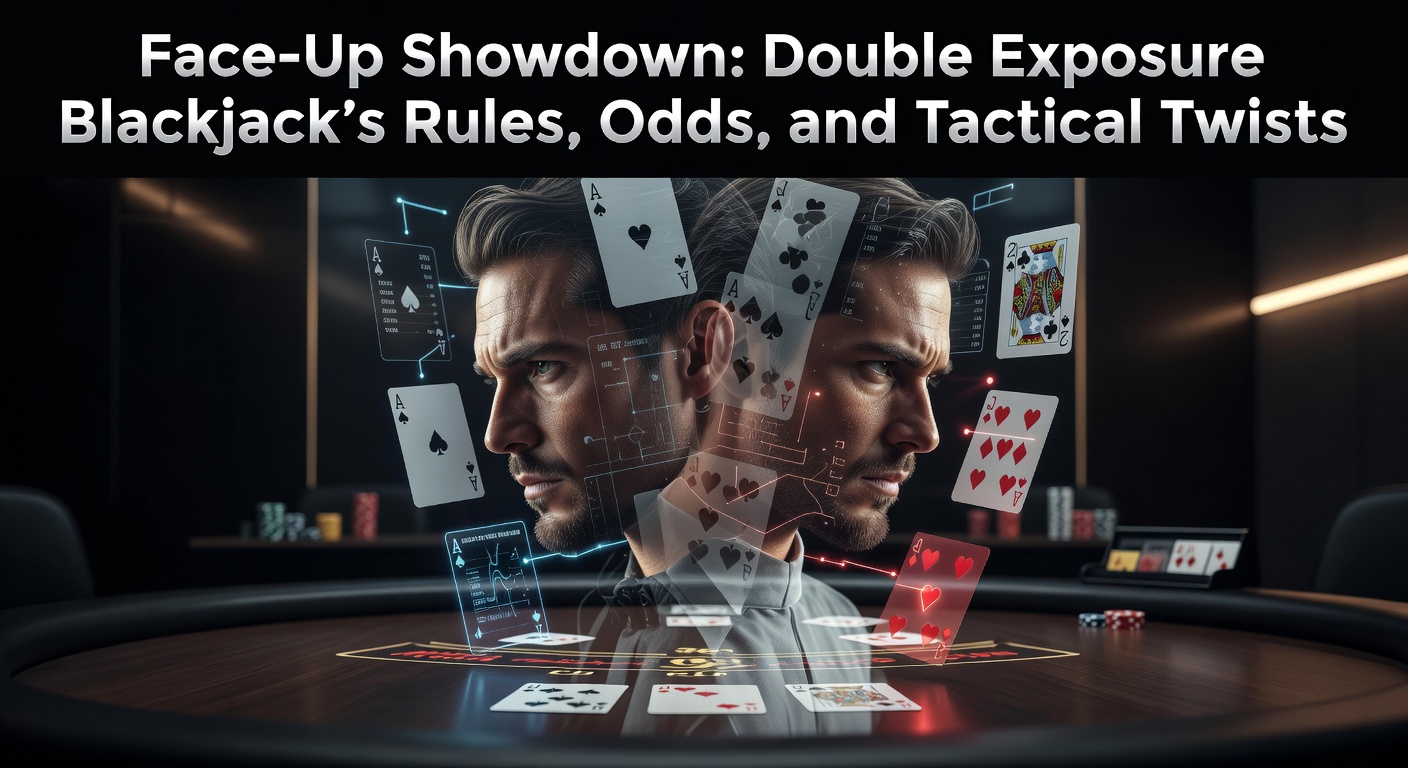 Vibrant Double Exposure Blackjack table with both dealer cards face up, chips stacked high, and players deep in strategy