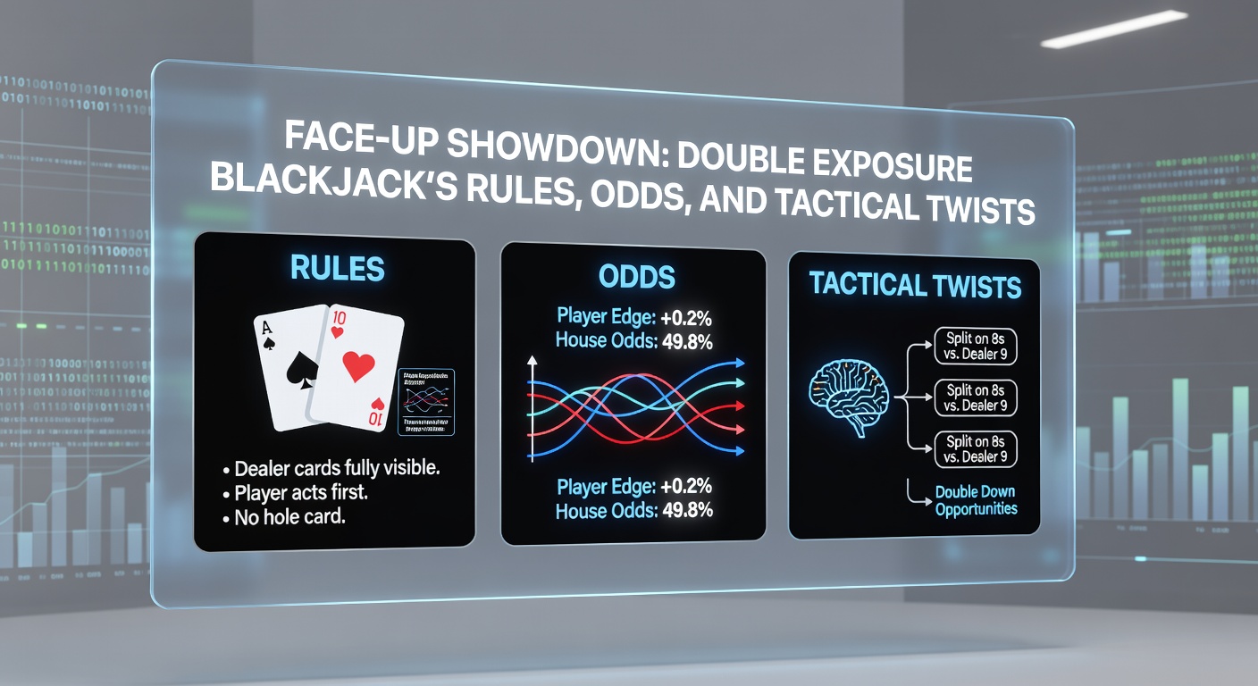 Close-up of a Double Exposure Blackjack hand showing dealer ace and ten face up, player deciding on double down amid tense atmosphere