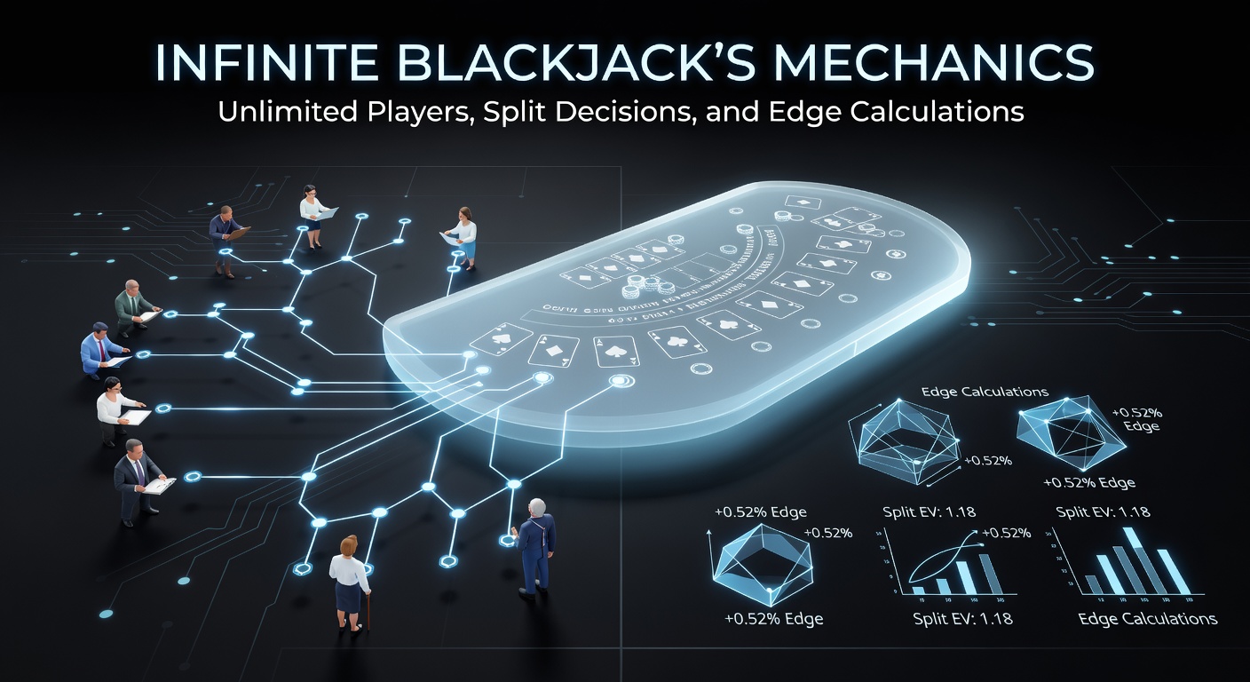 Digital rendering of an Infinite Blackjack table with multiple player interfaces sharing a single dealer stream, highlighting unlimited seating and side bet options