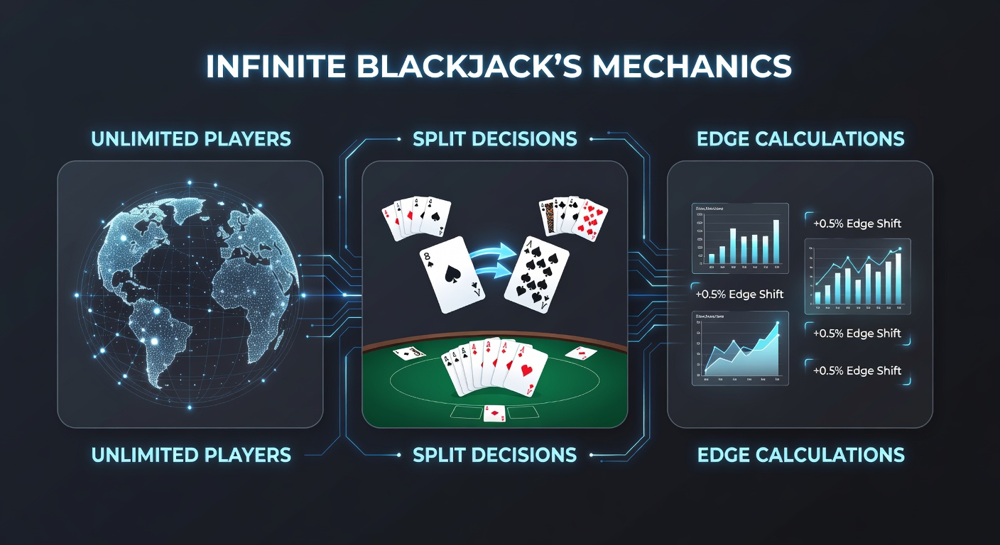 Close-up screenshot of an Infinite Blackjack interface showing split hands, side bet results, and real-time dealer interaction with multiple player decisions overlaid