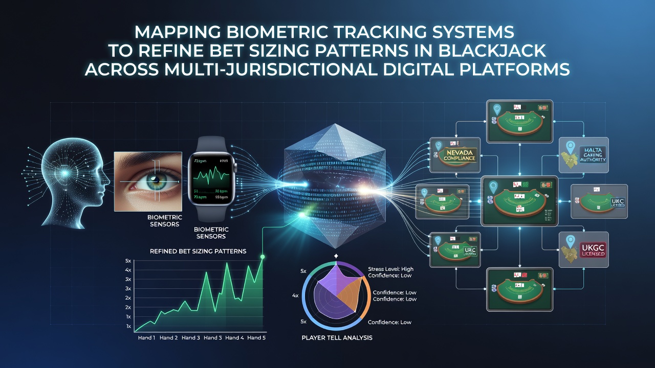 Biometric sensors integrated into online blackjack interfaces showing heart rate and eye-tracking overlays on digital tables