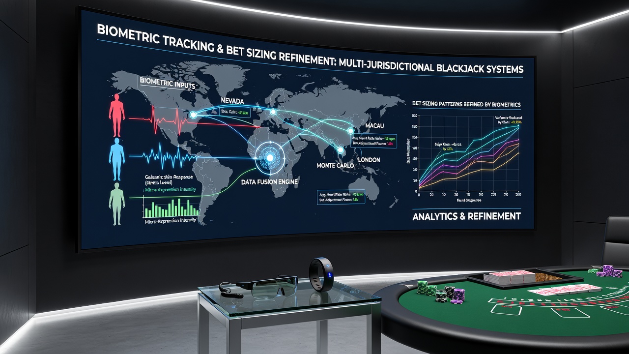 Dashboard view of aggregated biometric data streams mapped to bet-size adjustments in a multi-jurisdiction blackjack network