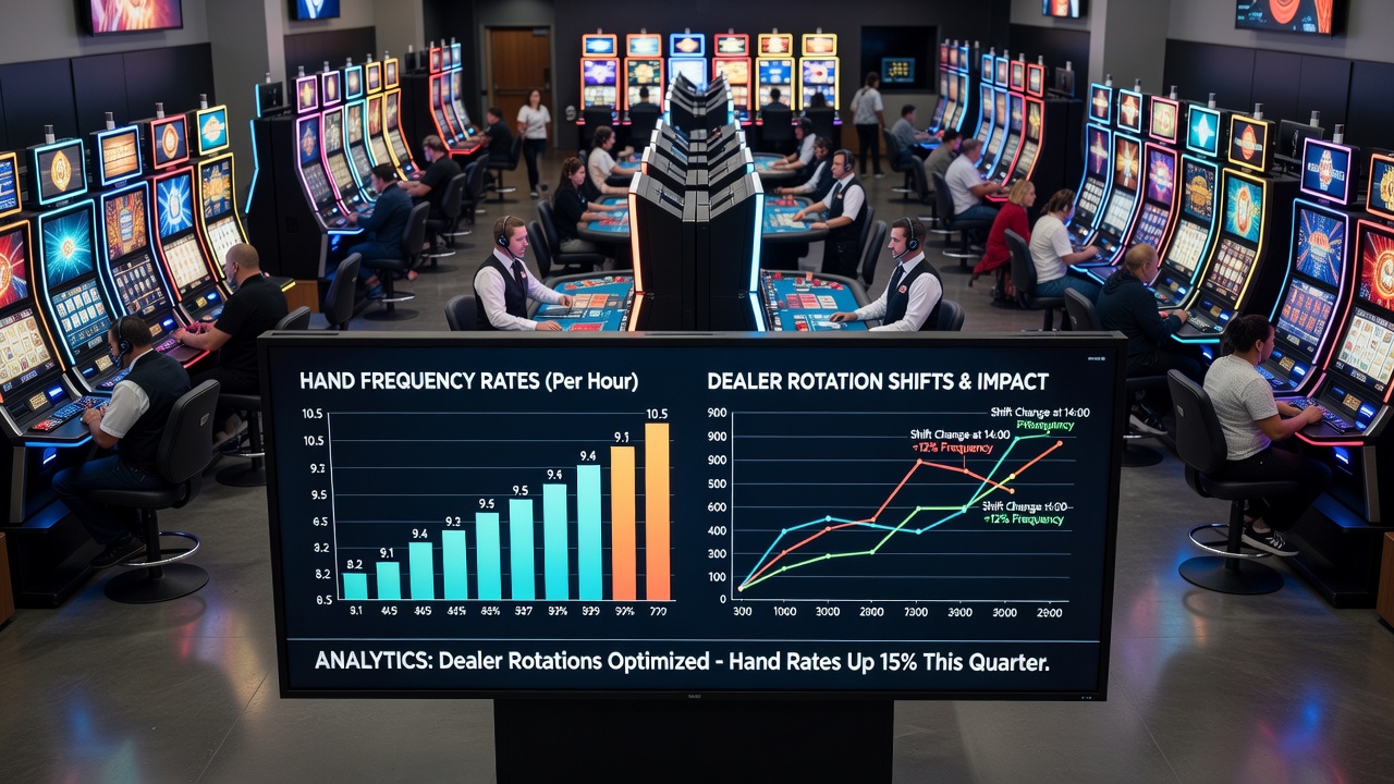 Tribal casino gaming floor with dealers rotating between blackjack tables during peak hours