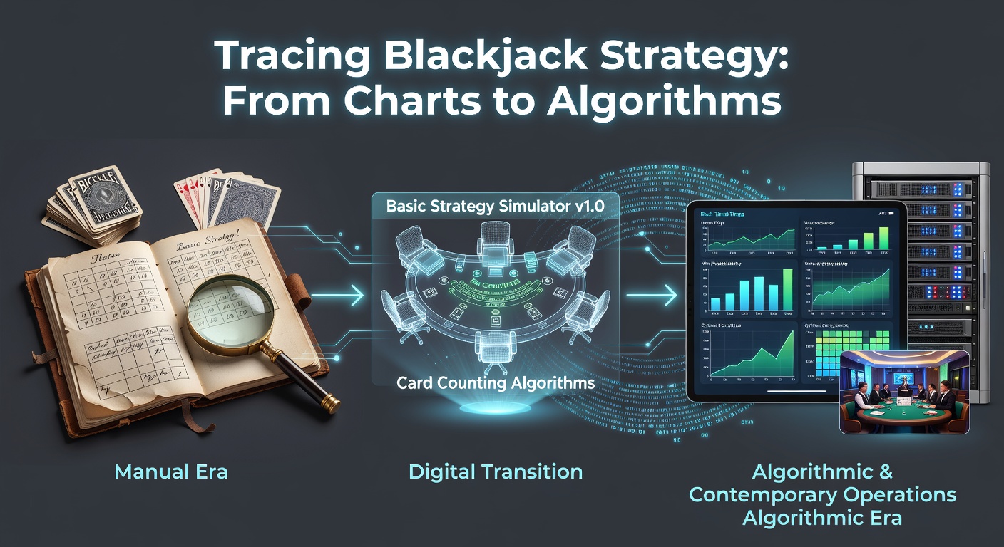 Historical blackjack strategy charts laid out on a casino table with handwritten notes and probability tables