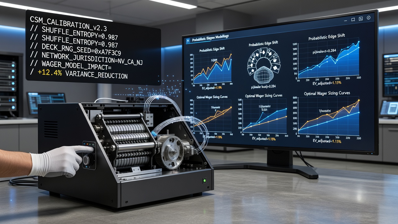Continuous shuffle machine calibration interface displaying real-time deck randomization metrics in a digital blackjack network