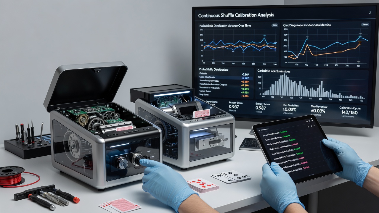 Digital blackjack network dashboard showing wager sizing adjustments based on continuous shuffle machine calibration data